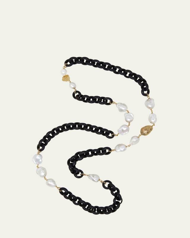 18K Yellow Gold Ebony Wood and Baroque Pearl Necklace, 20"L
